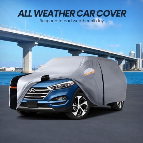 Multi-Layer Car Cover Custom Fit for Hyundai Tucson (ix35)(2015-2026), 100% Waterproof All Weather for Automobiles, Gift with Towel, Heavy Duty Car Covers for Rain Sun UV Protection with Door Zipper