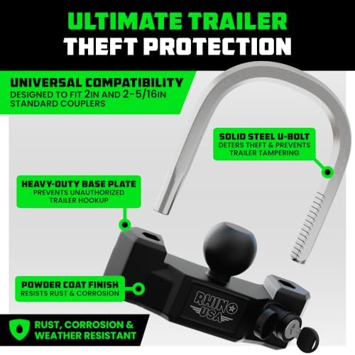 Rhino USA Universal Trailer Coupler Lock, Heavy Duty Adjustable U-Bolt