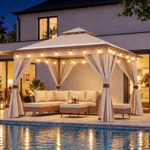 LAUSAINT HOME 10x10 Gazebo with Lights, Netting, Curtains & Double Roof