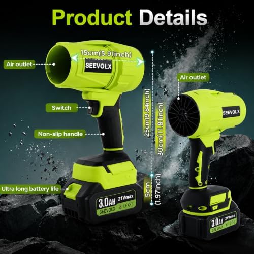 SEEVOLX Cordless Leaf Blower with 2 x 21V 3.0Ah Batteries & Charger-980,000 RPM 750 CFM Turbo Jet Blower, Lightweight Handheld Blower with 3 Nozzles for Lawn Care, Leaves & Car Drying, Green