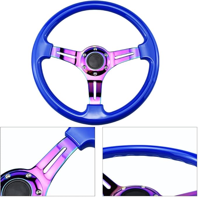 6 Bolts Car Racing Steering Whee 13.5" Universal Car and Simulation Pc Game Classic Sport Blue Steering Wheel with Neo Chrome Spoke and Horn Button