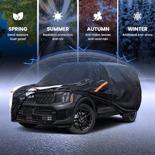 Multi-Layer Car Cover Custom Fit for Kia Telluride(2016-2026), 100% Waterproof All Weather for Automobiles, Gift with Towel, Heavy Duty Car Covers for Rain Sun UV Protection with Door Zipper