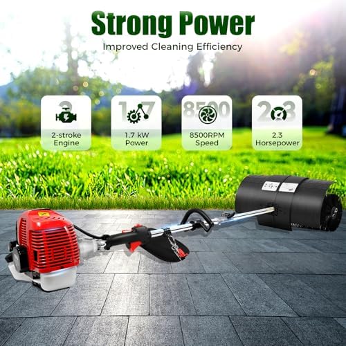 Handheld Walk Behind Gas Powered Lawn Sweeper, 52cc 2.3HP 2-Stroke Engine with 20.47-Inch Brush for Leaves & Debris, Driveway, Sidewalk, Outdoor Hand Held Gas Power Broom & Lawn Clippings Removal Tool