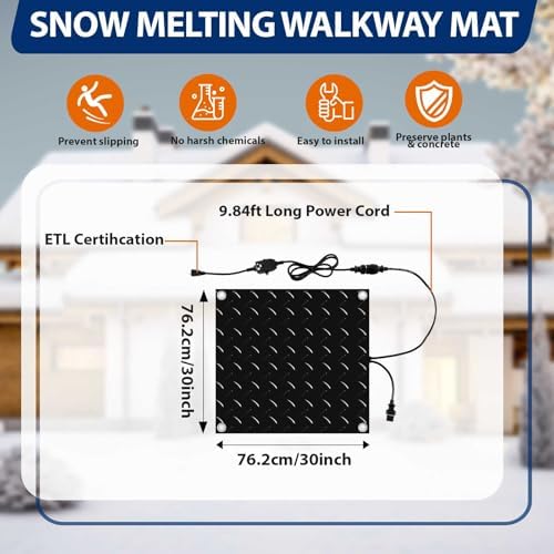 Riakrum 1 Pcs Heated Snow Melting Mats Outdoor, 30 x 30 in Winter Anti-Slip Heated Rubber Mat for Walkways Decks and Sidewalks, Electric Snow and Ice Melting Pads Connection with 9.84 ft Power Cord