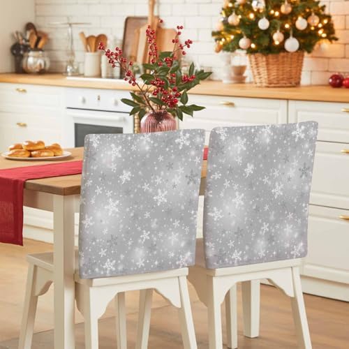 Grey Christmas Snowflake Chair Back Covers Set of 6 Winter Shinny White Stars Retro Washable Removable Chair Cover Slipcover Protector for Dining Room Hotel Party Holiday Decor
