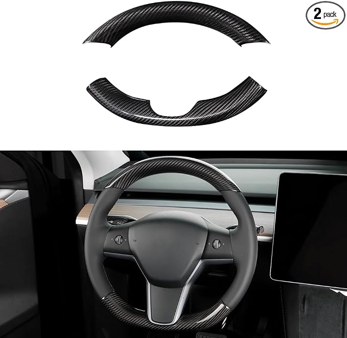JSWAN Real Carbon Fiber Steering Wheel Cover for Tesla Model 3 2017 to 2023 Model Y 2020 to 2024 Steering Wheel Cover Steering Wheel Wrap Protector Interior Accessories (Bright Black 2Pcs)