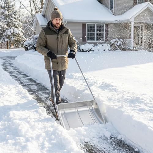 Cinnvoice 28" Wide Double Pole Snow Shovel Sleigh Scoop Shovel for Driveway Heavy Duty Aluminum Blade Remover Ergonomic Handle Barn Pusher Hand Plow, Easily Remove Sidewalks Ice Removal Winter Tool