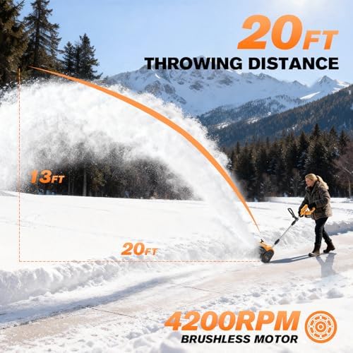 20V Brushless Cordless Snow Shovel 12-Inch, 2*4Ah Battery Powered Snow Blower 20FT Throw 6" Cleaning Depth, Electric Snow Removal Machine with Adjustable Directional Plate 90°&Handle for Patio