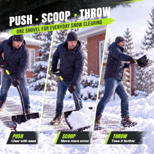 Heavy Duty Snow Shovel, Extra Wide Snow Shovel for Driveway, Sidewalk, Patio, Deck & Doorway Snow Removal, Ergonomic Back Saver Snow Plow with Steel Blade, Non-Slip Grip Handle