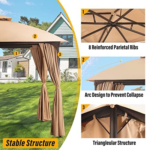 LAUSAINT HOME 10'x10' Patio Arc Gazebo, Outdoor Canopy Tent with Curved Roof Design, Double Tier Top, Privacy Curtains & Wind-Resistant Ropes, Backyard Garden Lawn, Khaki