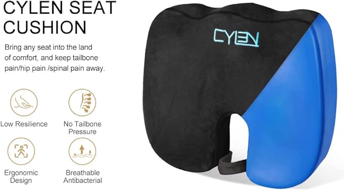 CYLEN Home Office Seat Cushion – Memory Foam Chair Cushion with Gel-Infused Material for Tailbone & Coccyx Pain Relief, Non-Slip Bottom, Machine Washable Cover – for Car, Wheelchair(Matte Black)