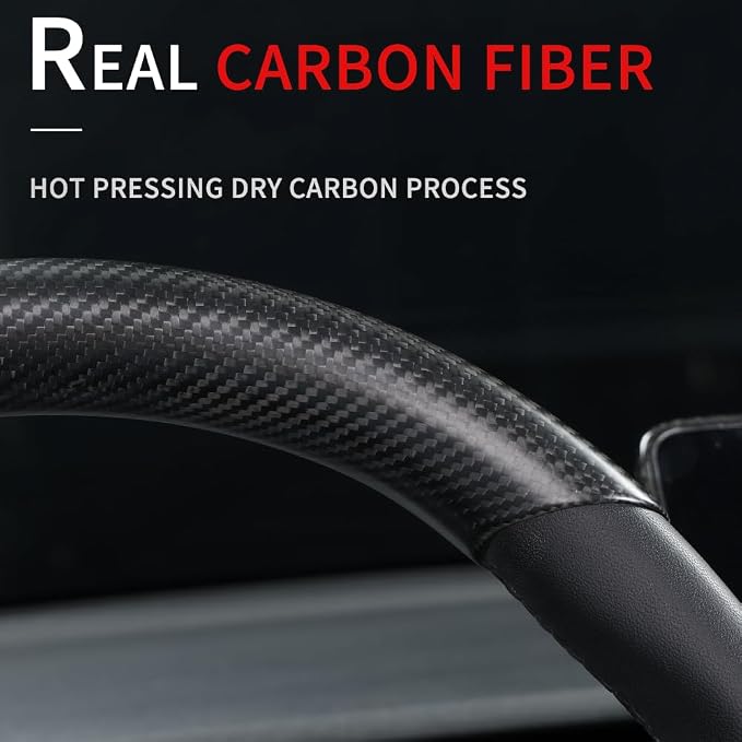 JSWAN Real Carbon Fiber Steering Wheel Cover for Tesla Model 3 2017 to 2023 Model Y 2020 to 2024 Steering Wheel Trim Cover Steering Wheel Wrap Protector Interior Accessories (Matte Black Upper Part)