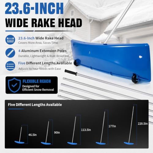 Outvita 18.4FT Snow Roof Rake, 24 in PP Plastic Blade with Wheels, Blue
