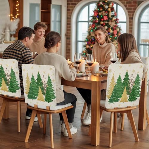 Christmas Tree Chair Back Covers Set of 6 Winter Snowflakes Green Gold Tree Star Linen Texture Washable Removable Chair Cover Slipcover Protector for Dining Room Hotel Party Holiday Decor
