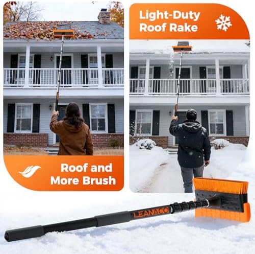Year-Round Roof Rakes for Snow, Leaves & Moss – 16” No-Scratch Foam Blade & Roof Brush, 4.7-24ft Telescoping Snow Rake for Roof, Solar Panels, RVs & Cars, C-Shaped Push/Pull -Patent Pending