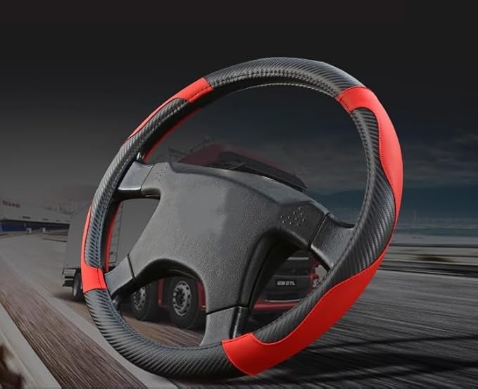 17 Inch Semi Truck Steering Wheel Cover - Carbon Fiber Pattern & Faux Leather, Anti-Slip Grip, Breathable Comfort for Long-Haul Drivers - Black Red