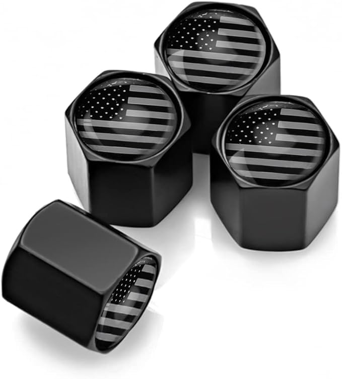 American Flag Tire Valve Stem Caps for Car, 4Pack Anti-Rust Airtight Rubber Seal Universal Valve Stem Covers for Cars, Vehicles, Bicycles, Trucks, Motorcycles, Car Accessories (Black/Gray)