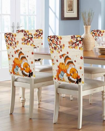 Thanksgiving Cute Gnome Chair Back Covers Set of 8 Fall Pumpkin Maple Leaf Sunflower Retro Text Bottom Washable Removable Chair Cover Slipcover Protector for Dining Room Hotel Party Holiday Decor