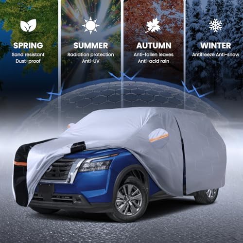 Multi-Layer Car Cover Custom Fit for Nissan Pathfinder(2004-2026), 100% Waterproof All Weather for Automobiles, Gift with Towel, Heavy Duty Car Covers for Rain Sun UV Protection with Door Zipper