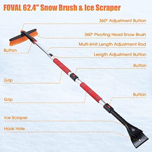62.4" Snow Brush - Ice Scrapers for Car Windshield, 360°Pivoting Brush Head, Comfortable Foam Grip, Extendable Snow Removal Car Brush for Trucks SUVs, Essential Winter Tool
