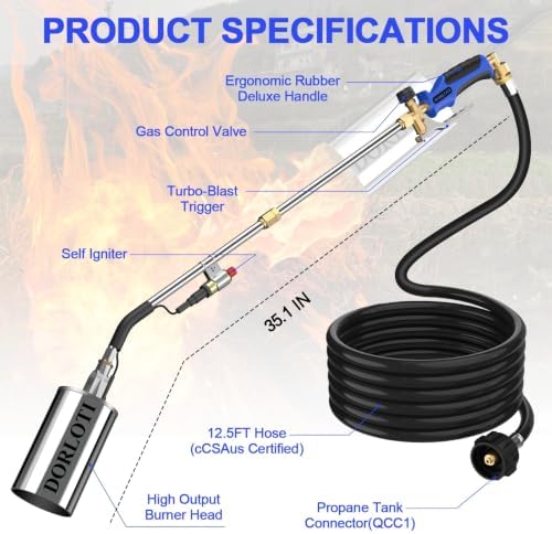 Propane Torch Weed Burner Kit, High Output with Long/Short Mode & Storage Bag,12.5FT Hose Heavy Duty Blow Torch Flamethrower with Self Igniter and Turbo Trigger for Weeding,Roofing,BBQ-35.1 IN