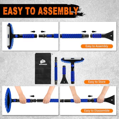 METOWARE 44" Ice Scraper and Snow Brush for Car Windshield, Extendable Heavy Duty Ice Remover with 360° Pivoting Head for SUV Truck, Ergonomic Grip, Blue