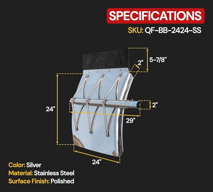 Mytee Products 2 Pair 24" x 24" Stainless Steel Full-Brace Quarter Fender Set for 18-Wheelers & Semi Trailers – Left & Right, Polished Finish with Mounting Kit & Support Rods