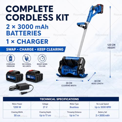 Battery Powered Snow Shovel, Brushless Motor, 30cm Clearing Width