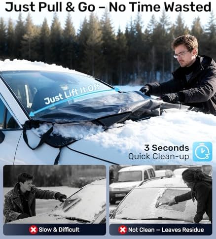 Zanch Windshield Cover for Ice and Snow [3-Second Snow Removal & 7-Layer Full Coverage] 6-Point Snowproof Fixation & Reflective Mirror Covers, Fits Sedans and Compact SUVs M (62'' x 49'')