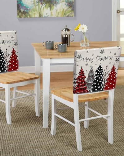Merry Christmas Chair Back Covers Set of 8 Cartoon Xmas Tree Snowflake Plaid Red Dot Linen Washable Removable Chair Cover Slipcover Protector for Dining Room Hotel Party Holiday Decor