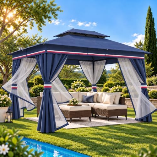 LAUSAINT HOME 10x13 Gazebo Canopy with Netting, Curtains & Double Roof