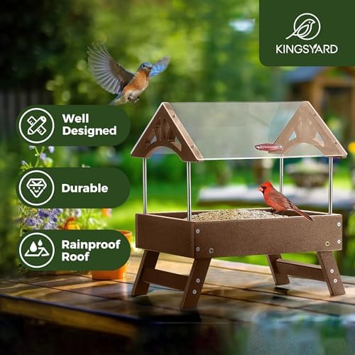 Kingsyard Covered Platform Ground Bird Feeder for Outdoors, Brown