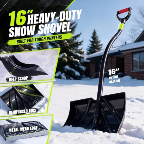 Heavy Duty Snow Shovel, Extra Wide Snow Shovel for Driveway, Sidewalk, Patio, Deck & Doorway Snow Removal, Ergonomic Back Saver Snow Plow with Steel Blade, Non-Slip Grip Handle