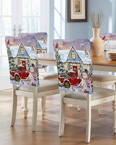 Christmas Snowman Chair Back Covers Set of 8 Winter Snowflake Tree Truck Light Warm House Washable Removable Chair Cover Slipcover Protector for Dining Room Hotel Party Holiday Decor