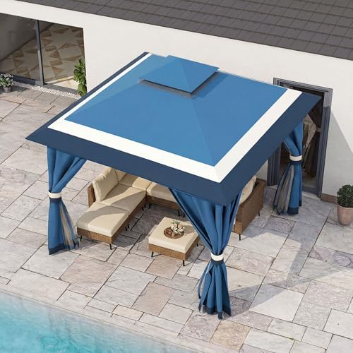 LAUSAINT HOME 10x10 Gazebo Canopy with Netting, Curtains & Double Roof