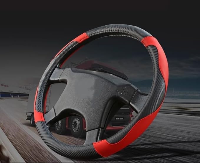 15 Inch Steering Wheel Cover - Carbon Fiber Pattern & Faux Leather, Anti-Slip Grip, Breathable Comfort for Long-Haul Drivers - Black Red