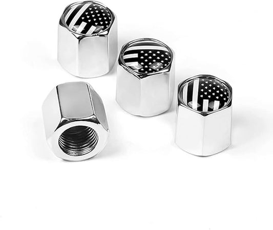 Tire Valve Stem Cap for Car, 4 Pack American Flag Pattern Anti-Rust Airtight Universal Valve Stem Covers for Cars, Vehicles, Bicycles, Trucks, Motorcycles, Car Accessories (Silver)