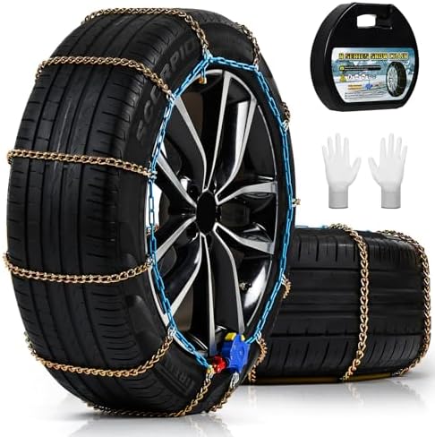 Auto Tightening Snow Chains for Cars, SUVs & Pickup Trucks – 1-Min Quick-Fit Auto Installation, Reusable Universal Emergency Traction Tire Chains – Set of 2（ALN90）