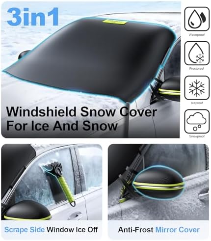 Nmoiss Windshield Snow Cover for Ice & Snow Frost Tesla Model Y/Model 3 — Tailored 3-in-1 Frost & Ice Shield with Mirror Covers & Ice Scraper, Waterproof 600D Oxford + Windproof Design Large Size