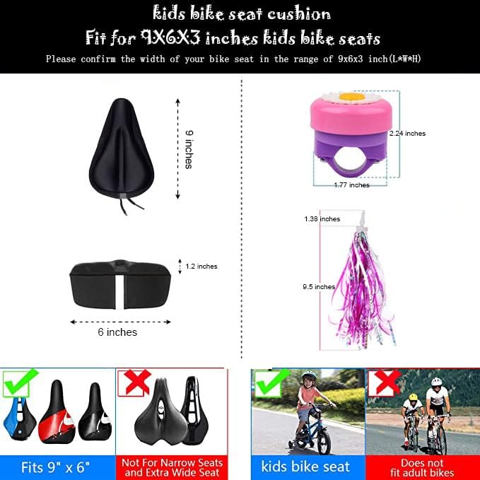 Kids Gel Bike Seat Cushion Cover for Boys & Girls, 9"x6" Breathable & Extra Soft Memory Foam Children Bicycle Saddle Pad with Water&Dust Resistant Cover