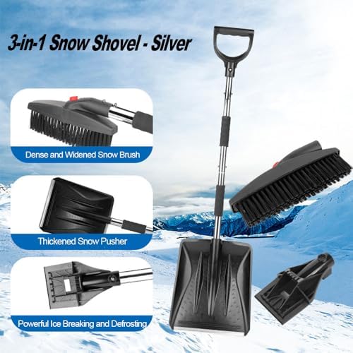 Car Snow Brush Ice Scraper & Snow Shovel for Tesla Cybertruck 2025 3-in-1 Detachable Snow Removal Kit Head Winter Essential Squeegee Snow,Silver