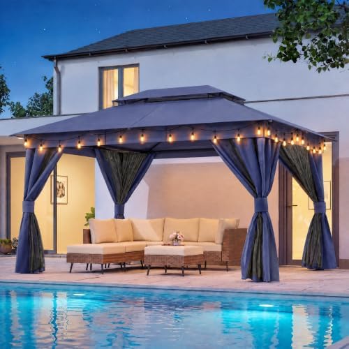 LAUSAINT HOME 10x12 Gazebo with Lights, Netting, Curtains & Double Roof