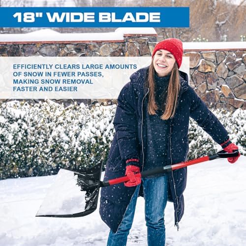 PLEXON Snow Shovel for Driveway Car with Ice Chopper - Ergonomic Collapsible Lightweight Folding Fiberglass Snow Pusher for Snow Removal and Breaking Ice - 18" Width 47", Black, Red