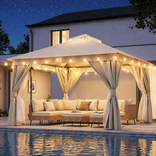 LAUSAINT HOME 12x12 Gazebo with Lights, Netting, Curtains & Double Roof