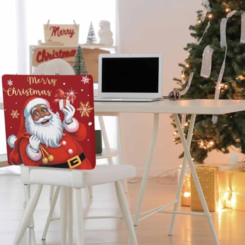 Merry Christmas Chair Back Covers Set of 6 Black Santa Claus Xmas Snowflake Gold Red Washable Removable Chair Cover Slipcover Protector for Dining Room Hotel Party Holiday Decor