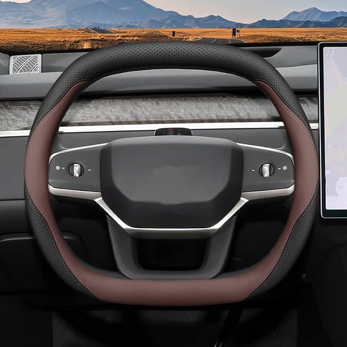 Nappa Leather Car Steering Wheel Cover for Ford Expedition 2007-2026, 15-inch Perforated Design, Heat Resistant Anti-Slip Car Wheel Wrap(Brown)