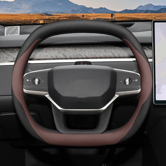 Nappa Leather Car Steering Wheel Cover for Ford Expedition 2007-2026, 15-inch Perforated Design, Heat Resistant Anti-Slip Car Wheel Wrap(Brown)