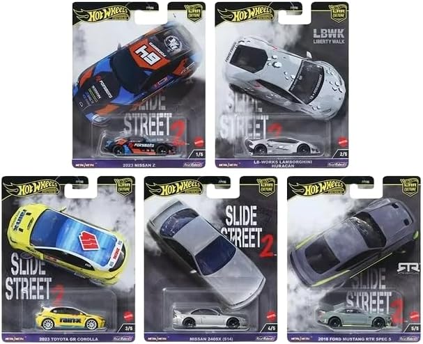 Hot Wheels 2024 Car Culture Slide Street 2 – 5-Pack (FPY86-959H) | Nissan Z, Lamborghini Huracán, GR Corolla, 240SX, Mustang RTR | 1:64 Die-Cast Vehicles for Collectors & Kids Ages 3+