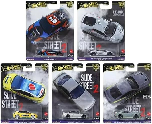 Hot Wheels 2024 Car Culture Slide Street 2 – 5-Pack (FPY86-959H) | Nissan Z, Lamborghini Huracán, GR Corolla, 240SX, Mustang RTR | 1:64 Die-Cast Vehicles for Collectors & Kids Ages 3+