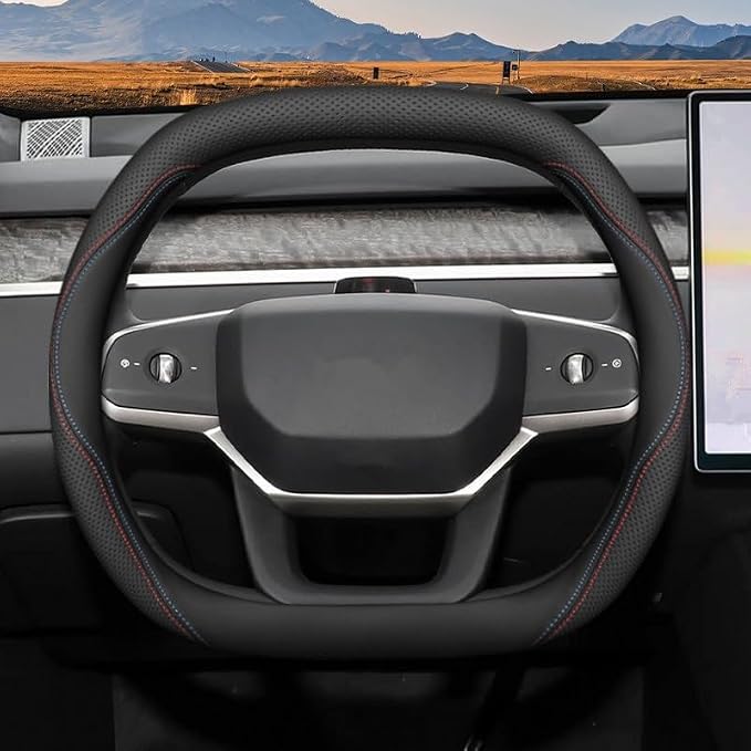 Nappa Leather Car Steering Wheel Cover for Ford Expedition 2007-2026, 15-inch Perforated Design, Heat Resistant Anti-Slip Car Wheel Wrap(Double-line)